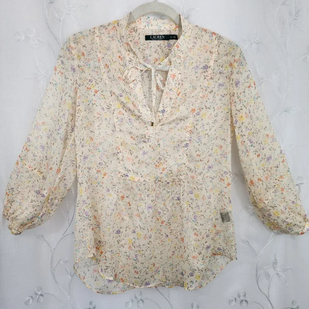 Ralph Lauren Sheer Floral Peach Tunic Style Blouse - Picture 1 of 10